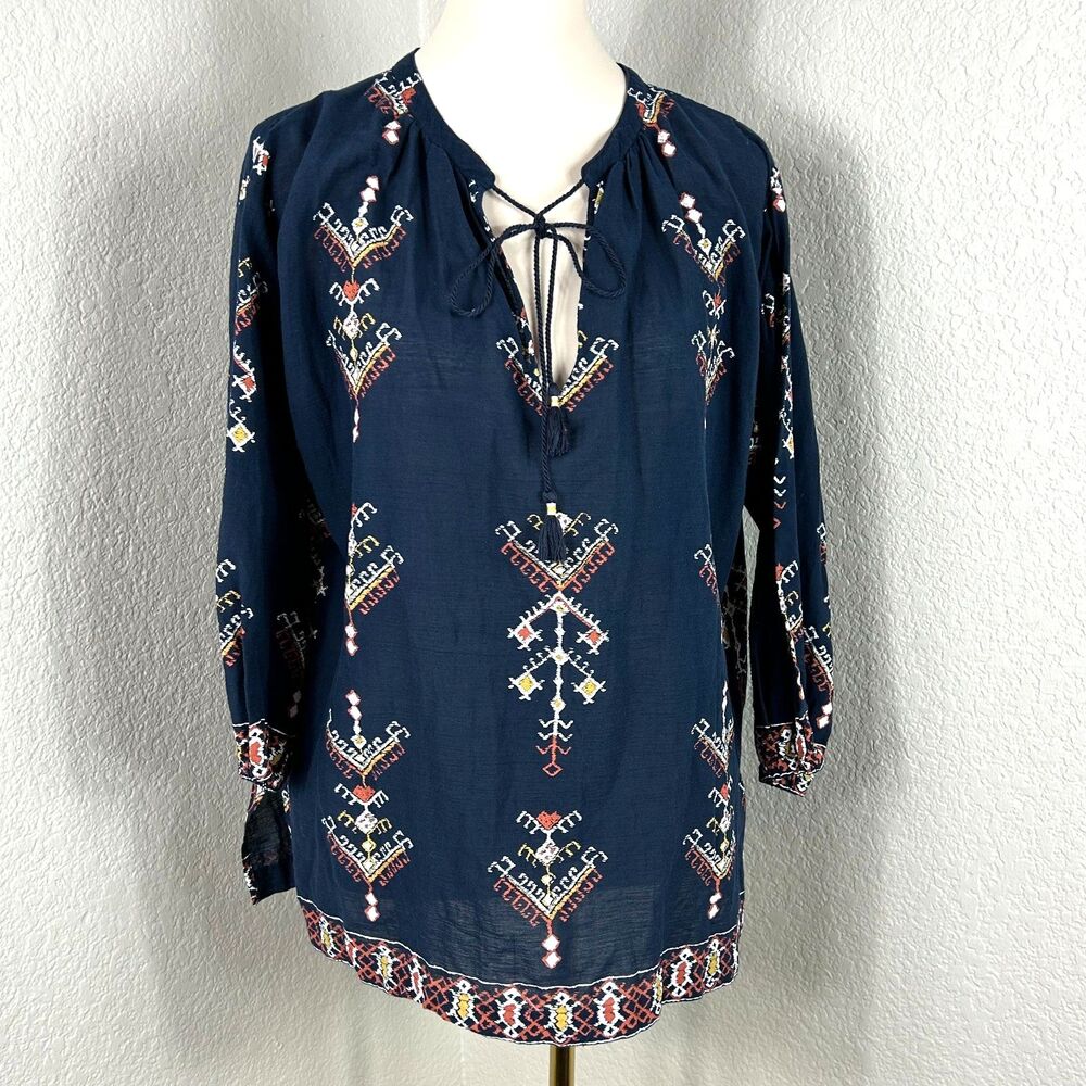 Madewell Women's Marta Folkstitch Popover Peasant Top Tassel Neck Blue Small